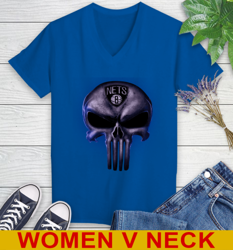 Brooklyn Nets NBA Basketball Punisher Skull Sports Women's V-Neck T-Shirt 9