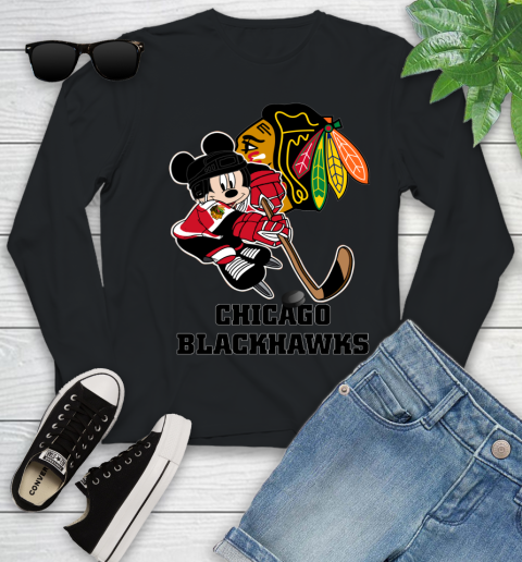 NHL Chicago Blackhawks Mickey Mouse Disney Hockey T Shirt Youth Long Sleeve 2