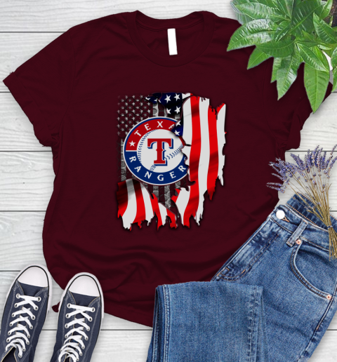 Texas Rangers MLB Baseball American Flag Women's T-Shirt 7