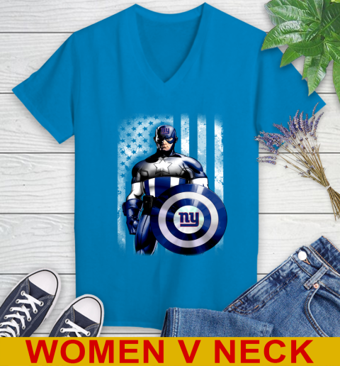 New York Giants NFL Football Captain America Marvel Avengers American Flag Shirt Women's V-Neck T-Shirt 7