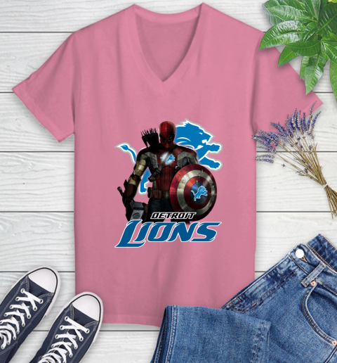 NFL Captain America Thor Spider Man Hawkeye Avengers Endgame Football Detroit Lions Women's V-Neck T-Shirt 13