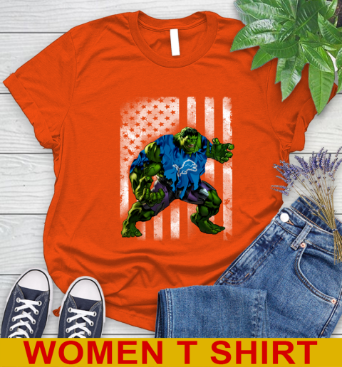 Detroit Lions Hulk Marvel Avengers NFL Football American Flag Women's T-Shirt 3