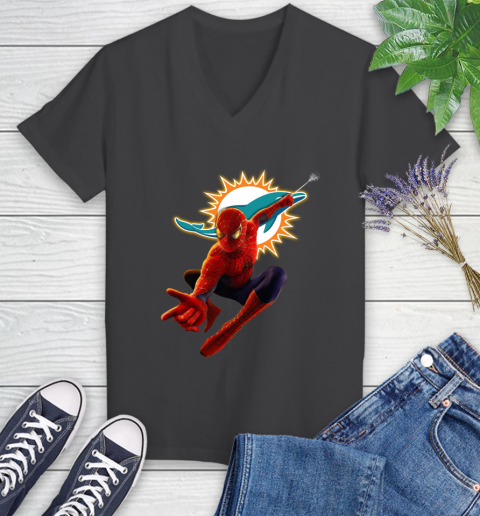 NFL Spider Man Avengers Endgame Football Miami Dolphins Women's V-Neck T-Shirt 8