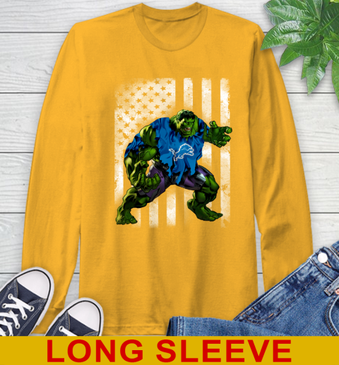 Detroit Lions Hulk Marvel Avengers NFL Football American Flag Long Sleeve T-Shirt 2