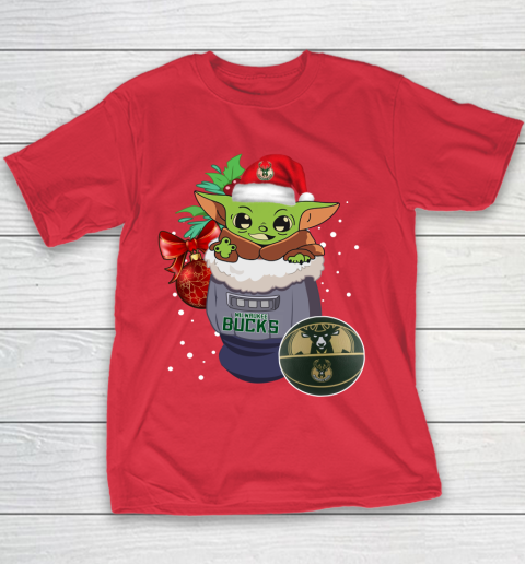 Milwaukee Bucks Christmas Baby Yoda Star Wars Funny Happy NBA Youth T-Shirt 9