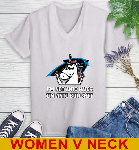 Carolina Panthers NFL Football Unicorn I'm Not Anti Hater I'm Anti Bullshit Women's V-Neck T-Shirt