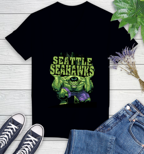 Seattle Seahawks NFL Football Incredible Hulk Marvel Avengers Sports Women's V-Neck T-Shirt 2