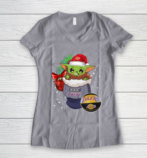Los Angeles Lakers Christmas Baby Yoda Star Wars Funny Happy NBA Women's V-Neck T-Shirt 4