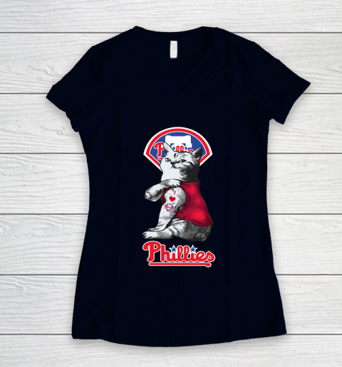 MLB Baseball My Cat Loves Philadelphia Phillies Women's V-Neck T-Shirt 2