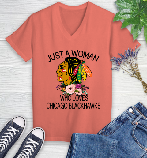 NHL Just A Woman Who Loves Chicago Blackhawks Hockey Sports Women's V-Neck T-Shirt 3