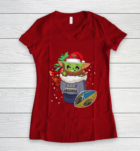 Jacksonville Jaguars Christmas Baby Yoda Star Wars Funny Happy NFL Women's V-Neck T-Shirt 10