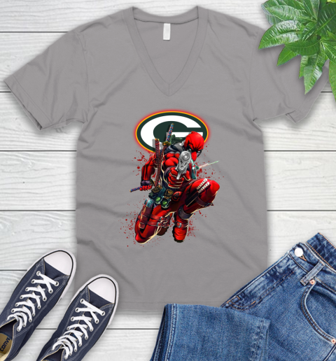 NFL Deadpool Marvel Comics Sports Football Green Bay Packers V-Neck T-Shirt 4