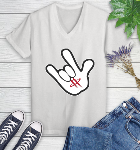 Houston Rockets NBA Basketball Mickey Rock Hand Disney Women's V-Neck T-Shirt