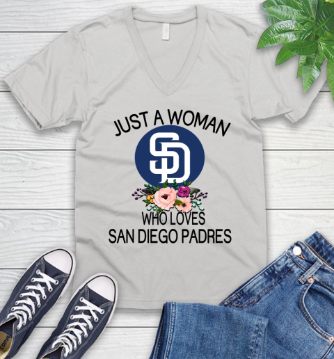 MLB Just A Woman Who Loves San Diego Padres Baseball Sports V-Neck T-Shirt