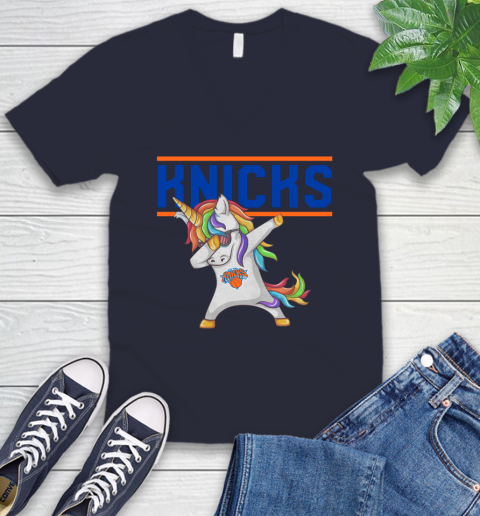 New York Knicks NBA Basketball Funny Unicorn Dabbing Sports V-Neck T-Shirt 3