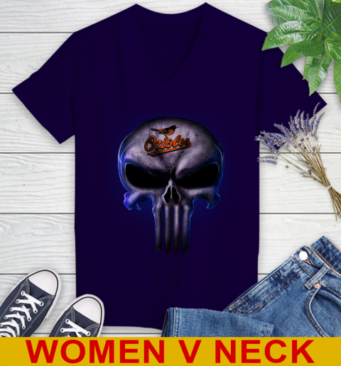 Baltimore Orioles MLB Baseball Punisher Skull Sports Women's V-Neck T-Shirt 3