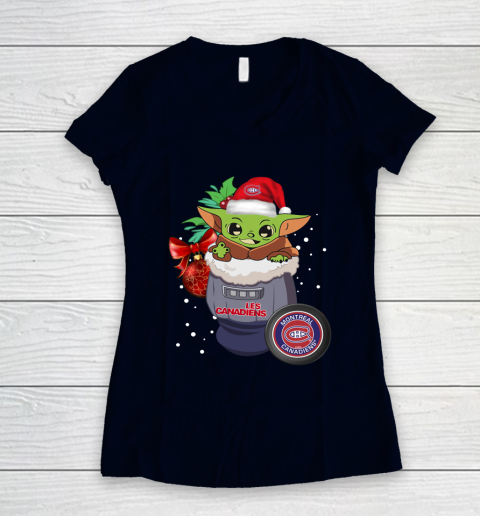 Montreal Canadiens Christmas Baby Yoda Star Wars Funny Happy NHL Women's V-Neck T-Shirt 4 Montreal Canadiens Christmas Baby Yoda Star Wars Funny Happy NHL Women's V-Neck T-Shirt - Image 4