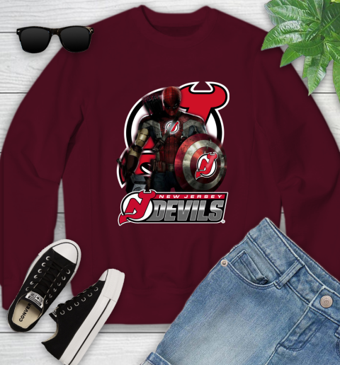NHL Captain America Thor Spider Man Hawkeye Avengers Endgame Hockey New Jersey Devils Youth Sweatshirt 5