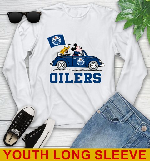 NHL Hockey Edmonton Oilers Pluto Mickey Driving Disney Shirt Youth Long Sleeve