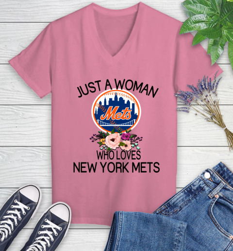 MLB Just A Woman Who Loves New York Mets Baseball Sports Women's V-Neck T-Shirt 8