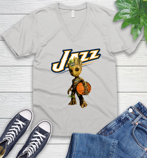 Utah Jazz NBA Basketball Groot Marvel Guardians Of The Galaxy V-Neck T-Shirt