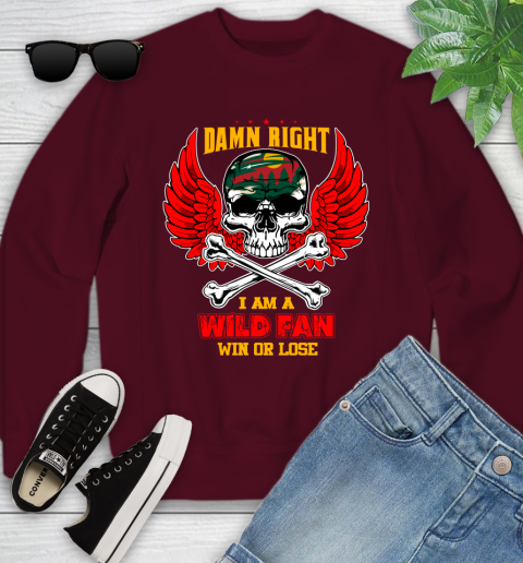NHL Damn Right I Am A Minnesota Wild Win Or Lose Skull Hockey Sports Youth Sweatshirt 4
