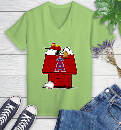 MLB Los Angeles Angels Snoopy Woodstock The Peanuts Movie Baseball T Shirt Women's V-Neck T-Shirt 11