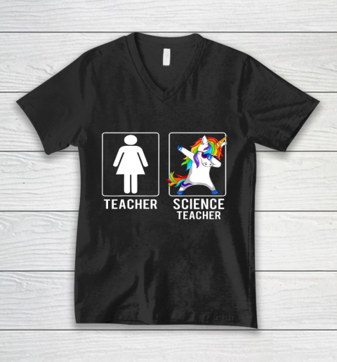 Science Teacher Unicorn Dabbing Funny V-Neck T-Shirt
