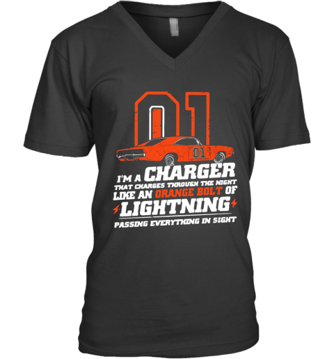 01 I'M A Charger That Charges Through The Night Like An Orange Bolt Of Lighting V-Neck T-Shirt