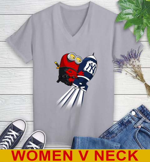 MLB Baseball New York Yankees Deadpool Minion Marvel Shirt Women's V-Neck T-Shirt 4