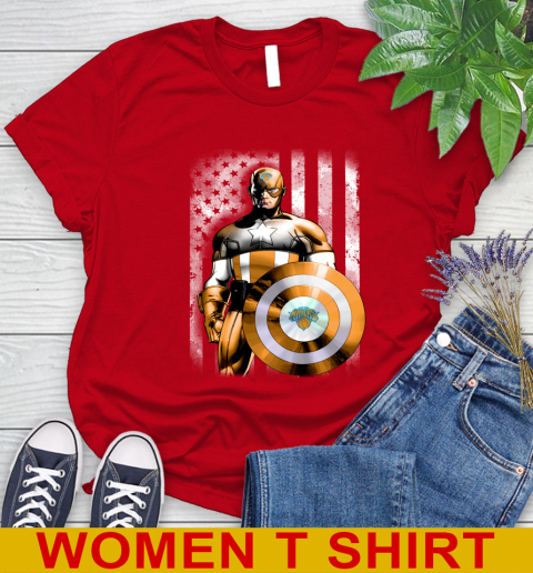New York Knicks NBA Basketball Captain America Marvel Avengers American Flag Shirt Women's T-Shirt 11