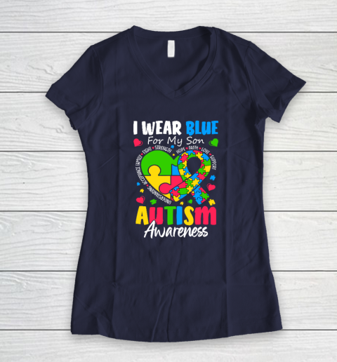 I Wear Blue For My Son Autism Awareness Women's V-Neck T-Shirt 7