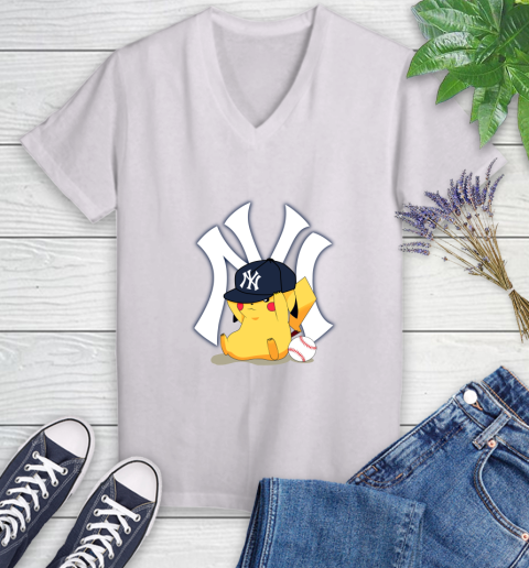 MLB Pikachu Baseball Sports New York Yankees Women's V-Neck T-Shirt