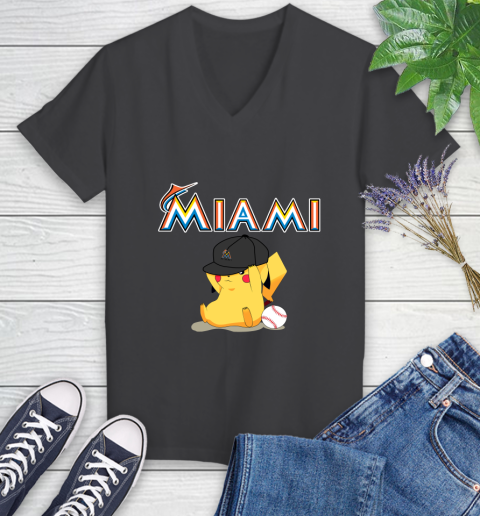 MLB Pikachu Baseball Sports Miami Marlins Women's V-Neck T-Shirt 8