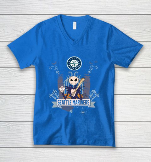 MLB Seattle Mariners Baseball Jack Skellington Halloween V-Neck T-Shirt 5