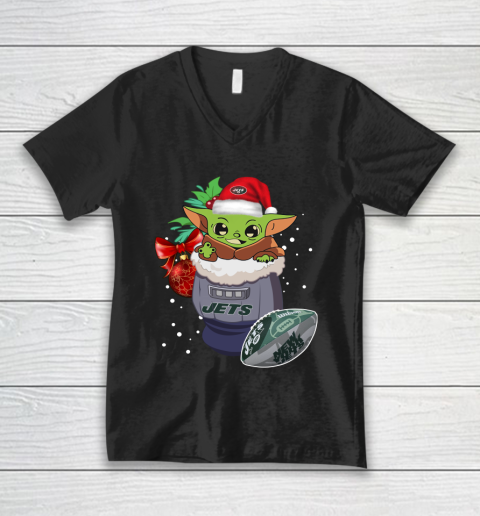 New York Jets Christmas Baby Yoda Star Wars Funny Happy NFL V-Neck T-Shirt