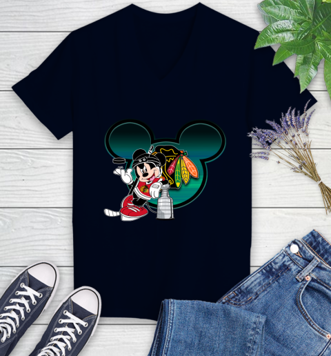 NHL Chicago Blackhawks Stanley Cup Mickey Mouse Disney Hockey T Shirt Women's V-Neck T-Shirt 3