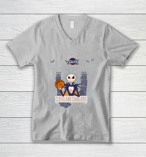 NBA Cleveland Cavaliers Basketball Jack Skellington Halloween V-Neck T-Shirt 3