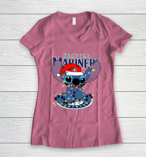 Seattle Mariners MLB noel stitch Baseball Christmas Women's V-Neck T-Shirt 7