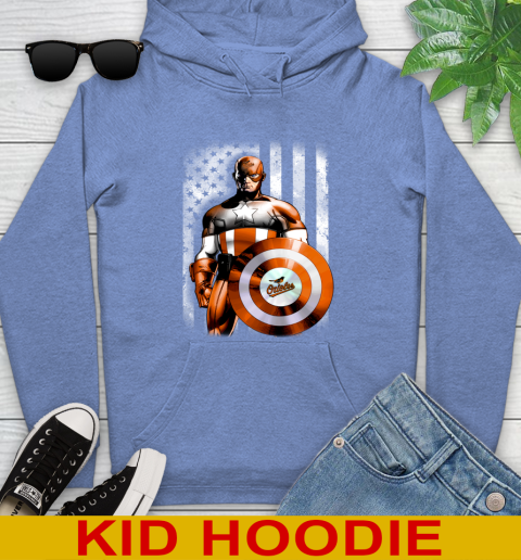 Baltimore Orioles MLB Baseball Captain America Marvel Avengers American Flag Shirt Youth Hoodie 12
