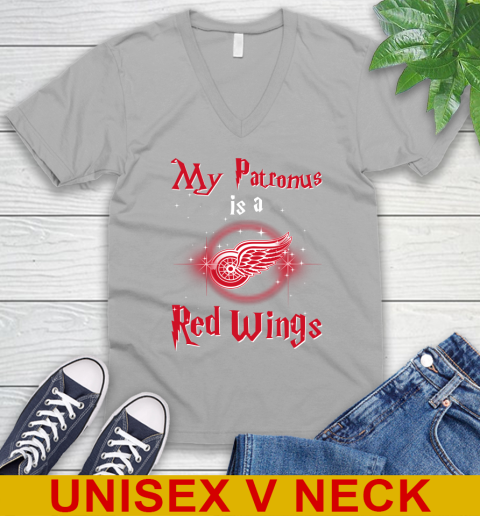 NHL Hockey Harry Potter My Patronus Is A Detroit Red Wings V-Neck T-Shirt 3