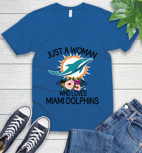 NFL Just A Woman Who Loves Miami Dolphins Football Sports V-Neck T-Shirt 3