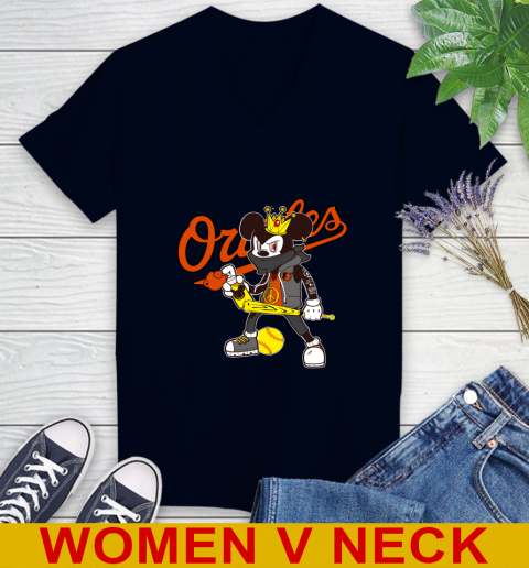Baltimore Orioles MLB Baseball Mickey Peace Sign Sports Women's V-Neck T-Shirt 3