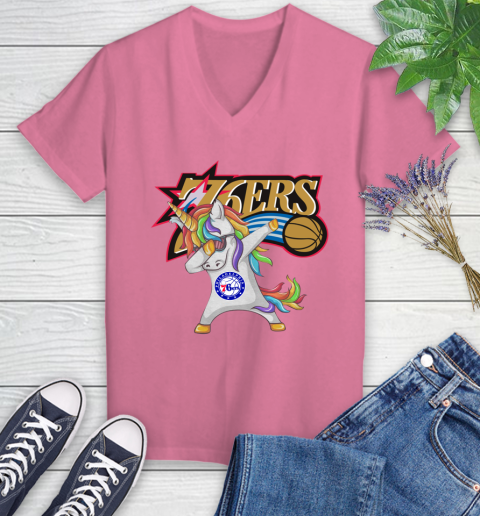 Philadelphia 76ers NBA Basketball Funny Unicorn Dabbing Sports Women's V-Neck T-Shirt 13