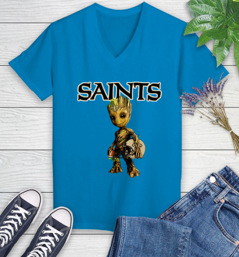 New Orleans Saints NFL Football Groot Marvel Guardians Of The Galaxy Women's V-Neck T-Shirt 7