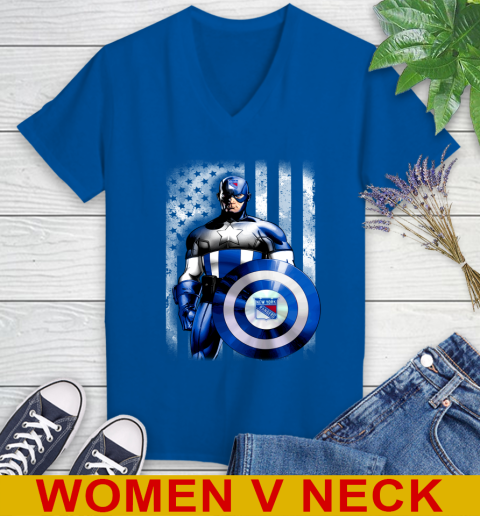 New York Rangers NHL Hockey Captain America Marvel Avengers American Flag Shirt Women's V-Neck T-Shirt 9