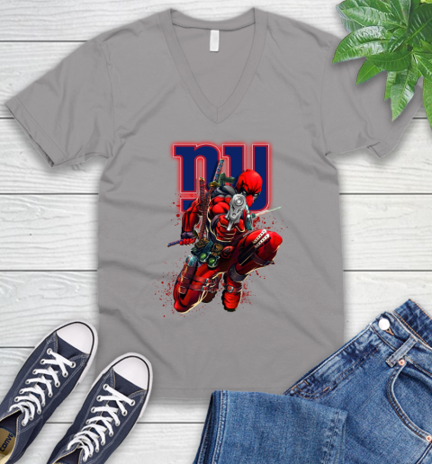 NFL Deadpool Marvel Comics Sports Football New York Giants V-Neck T-Shirt 4