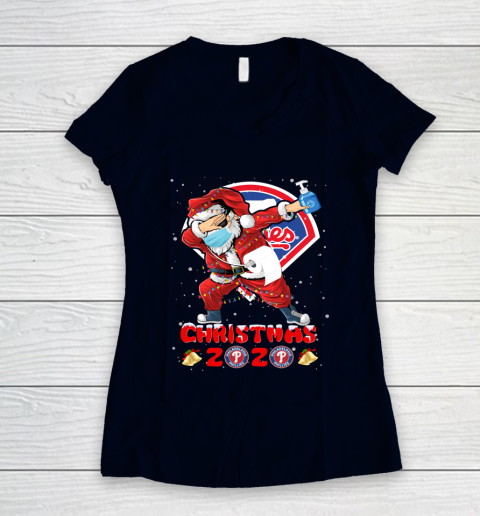 Philadelphia Phillies Funny Santa Claus Dabbing Christmas 2020 MLB Women's V-Neck T-Shirt 2
