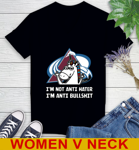 Colorado Avalanche NHL Hockey Unicorn I'm Not Anti Hater I'm Anti Bullshit Women's V-Neck T-Shirt 2