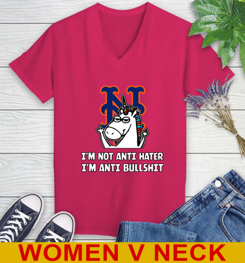 New York Mets MLB Baseball Unicorn I'm Not Anti Hater I'm Anti Bullshit Women's V-Neck T-Shirt 10